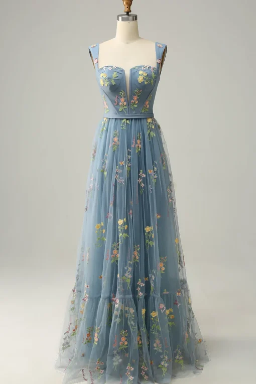 Green Tulle A Line Prom Dress with Embroidered