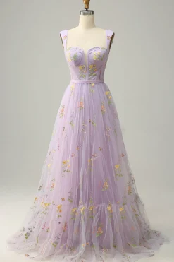 Green Tulle A Line Prom Dress with Embroidered