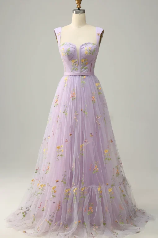 Green Tulle A Line Prom Dress with Embroidered
