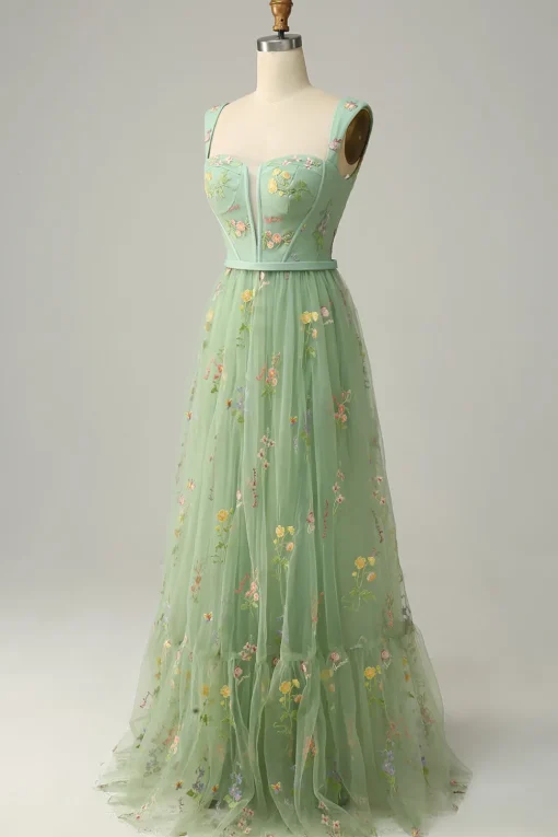 Green Tulle A Line Prom Dress with Embroidered