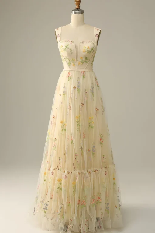 Green Tulle A Line Prom Dress with Embroidered