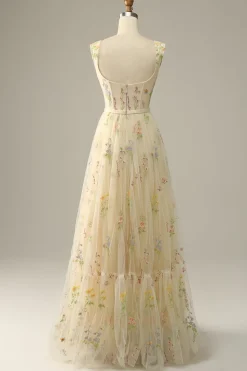 Green Tulle A Line Prom Dress with Embroidered