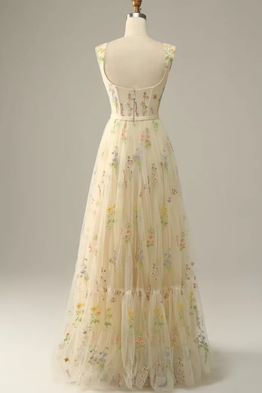 Green Tulle A Line Prom Dress with Embroidered