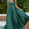 Green V Neck Satin Prom Dress with Ruffles