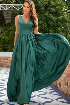 Green V Neck Satin Prom Dress with Ruffles