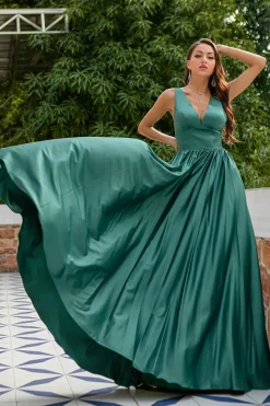 Green V Neck Satin Prom Dress with Ruffles