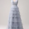 Grey Blue A Line Tiered Tulle Backless Long Prom Dress