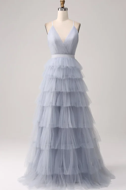 Grey Blue A Line Tiered Tulle Backless Long Prom Dress