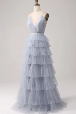 Grey Blue A Line Tiered Tulle Backless Long Prom Dress