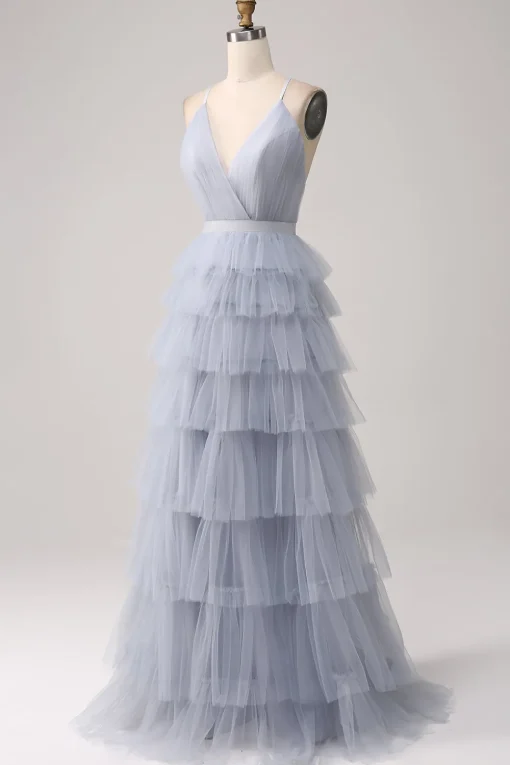 Grey Blue A Line Tiered Tulle Backless Long Prom Dress