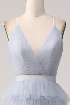 Grey Blue A Line Tiered Tulle Backless Long Prom Dress