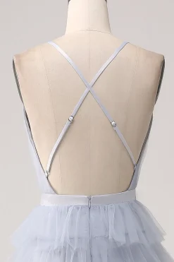 Grey Blue A Line Tiered Tulle Backless Long Prom Dress