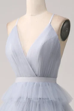 Grey Blue A Line Tiered Tulle Backless Long Prom Dress