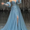 Grey Blue Appliques Sweetheart A Line Tulle Long Corset Prom Dress