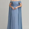 Grey Blue Chiffon Off the Shoulder Side Cape Mother of the Bride Dress