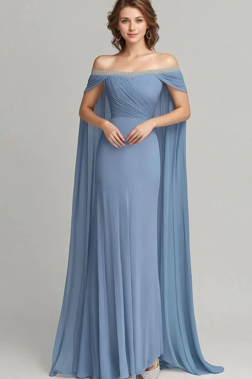 Grey Blue Chiffon Off the Shoulder Side Cape Mother of the Bride Dress