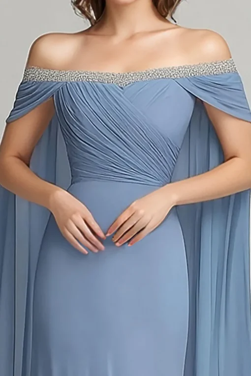 Grey Blue Chiffon Off the Shoulder Side Cape Mother of the Bride Dress