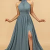 Grey Halter Ruched Long Chiffon Bridesmaid Dress with Slit