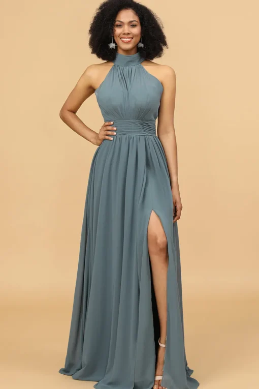 Grey Halter Ruched Long Chiffon Bridesmaid Dress with Slit