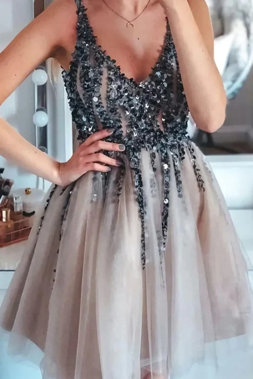 Grey Pink Sequins Graduation Dress with Beading