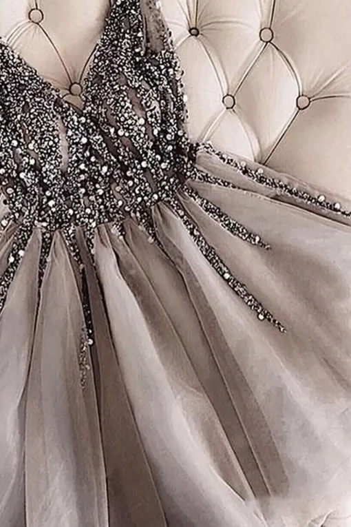 Grey Pink Sequins Graduation Dress with Beading
