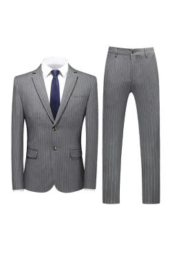 Grey Pinstripe Notched Lapel Men's 2 Pieces Suits