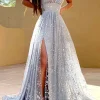 Grey Tulle A-line Prom Dress with Slit