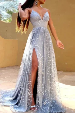 Grey Tulle A-line Prom Dress with Slit