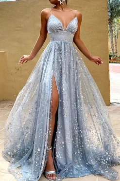 Grey Tulle A-line Prom Dress with Slit