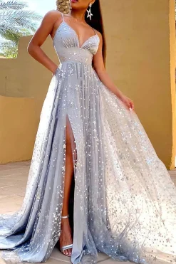 Grey Tulle A-line Prom Dress with Slit