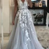 Grey Tulle A-Line V-Neck Wedding Dress with Appliques