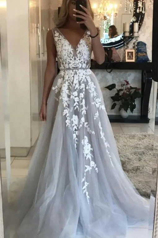 Grey Tulle A-Line V-Neck Wedding Dress with Appliques