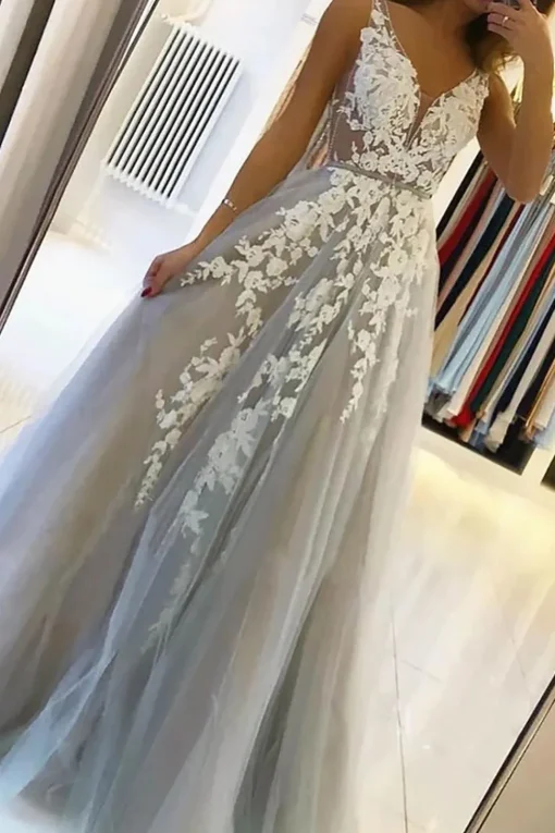 Grey Tulle A-Line V-Neck Wedding Dress with Appliques
