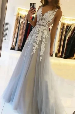 Grey Tulle A-Line V-Neck Wedding Dress with Appliques