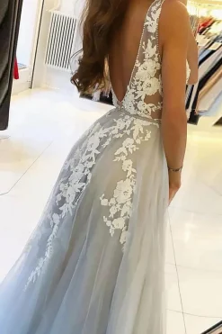 Grey Tulle A-Line V-Neck Wedding Dress with Appliques