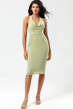 Halter Dusty Sage Bridesmaid Dress with Slit