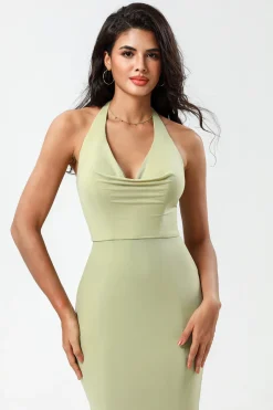 Halter Dusty Sage Bridesmaid Dress with Slit
