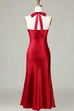 Halter Sleeveless Burgundy Tea-Length Bridesmaid Dress with Slit
