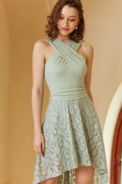 High Low White Graduation Dress with Lace Sleeveless