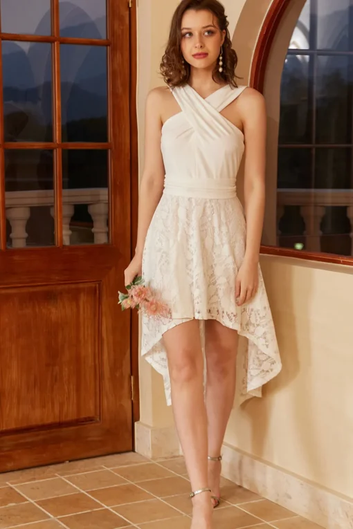 High Low White Graduation Dress with Lace Sleeveless