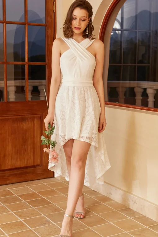 High Low White Graduation Dress with Lace Sleeveless