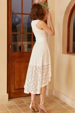 High Low White Graduation Dress with Lace Sleeveless