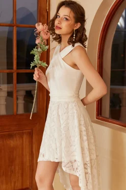 High Low White Graduation Dress with Lace Sleeveless