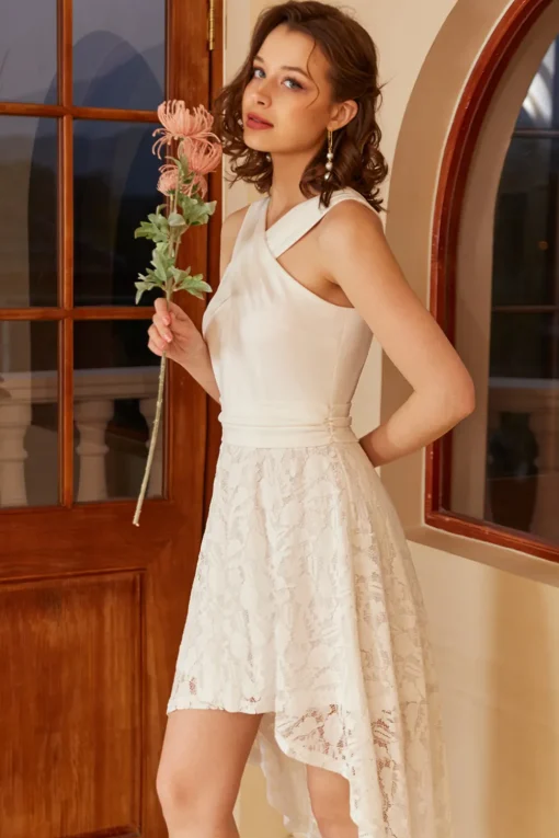High Low White Graduation Dress with Lace Sleeveless