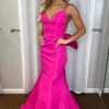 Hot Pink Bowknot Mermaid Spaghetti Straps Long Prom Dress