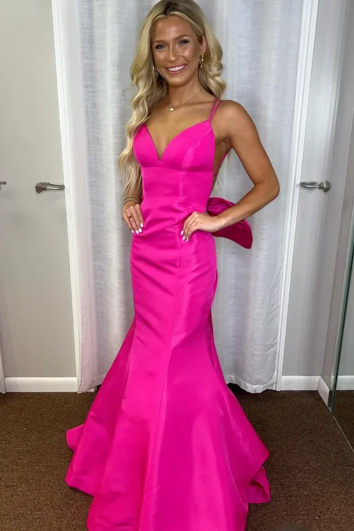 Hot Pink Bowknot Mermaid Spaghetti Straps Long Prom Dress