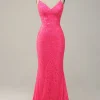 Hot Pink Mermaid Spaghetti Straps Sparkly Prom Dress with Sequins