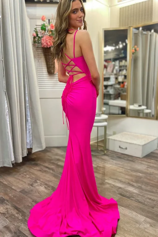 Hot Pink Mermaid Spaghetti Straps Long Prom Dress with Slit