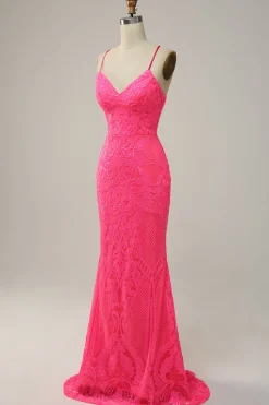 Hot Pink Mermaid Spaghetti Straps Sparkly Prom Dress with Sequins