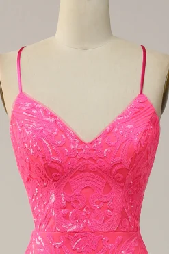 Hot Pink Mermaid Spaghetti Straps Sparkly Prom Dress with Sequins
